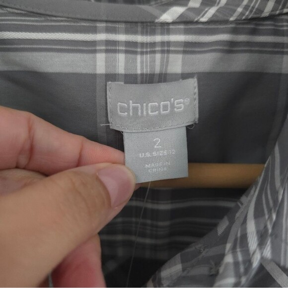 Chicos Plaid Poplin Button Down Top Womens 12 Billow Sleeves Gray Career Office - Picture 8 of 13